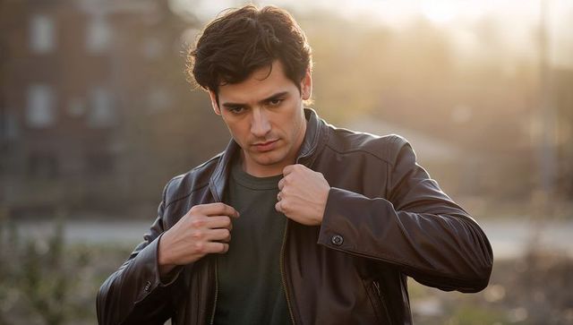 Young man zipping leather jacket during golden hour urban sunset portrait backlit
