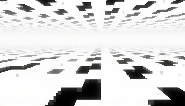 Forming black pixelated grid fading toward hazy horizon on white reflective plane