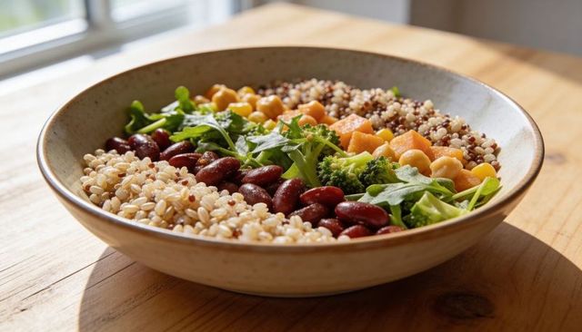 Healthy grain and bean buddha bowl featuring quinoa, barley, kidney beans, broccoli