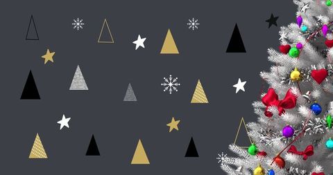 Festive Christmas Tree with Colorful Decorations and Graphic Elements