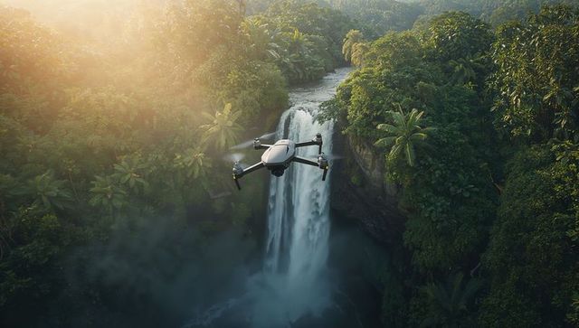 Quadcopter hovering above tropical waterfall in misty rainforest canyon, cinematic aerial