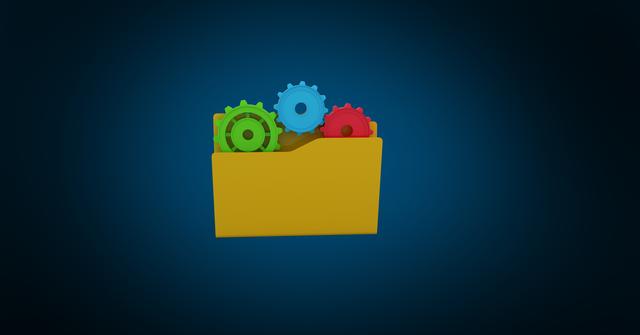 Digitally generated image of folder icon with colorful gears against blue background