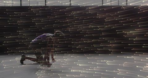 Sprinter crouching at start with dynamic light trails and motion blur, dramatic studio