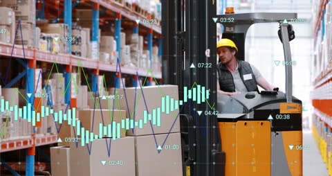 Warehouse Worker Operating Forklift with Statistical Data Overlay