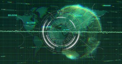 Holographic Global Data Visualization with Particle Globe and Futuristic HUD Interface