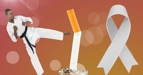 Expert karateka kicking cigarette highlighting lung cancer awareness