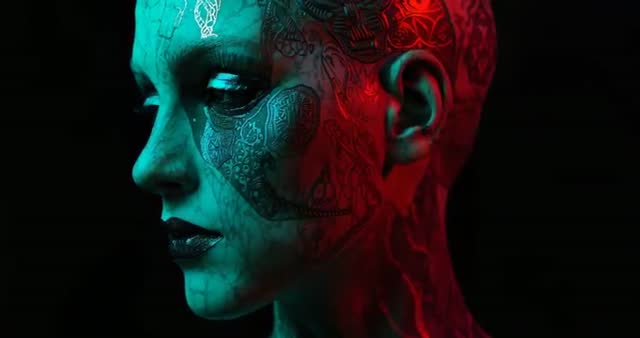 Tattooed Model Neon Lighting Profile Portrait