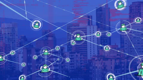 Digital Network Interface Over Cityscape Background