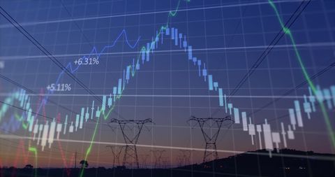 Financial graph overlay on power lines at dusk