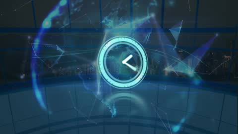 Digital Clock Overlaying Futuristic Global Network and Skyline