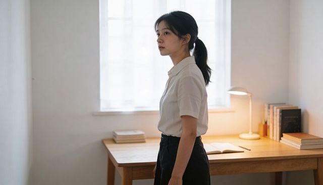Pensive asian woman standing at minimalist desk, reading open notebook by warm lamp light