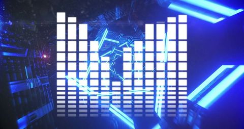 Neon audio equalizer tunnel pulsing blue light rotating geometry hexagonal core futuristic