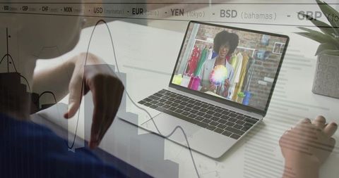 Remote Color Consultation on Laptop with Designer Showing Color Wheel and Data Overlays
