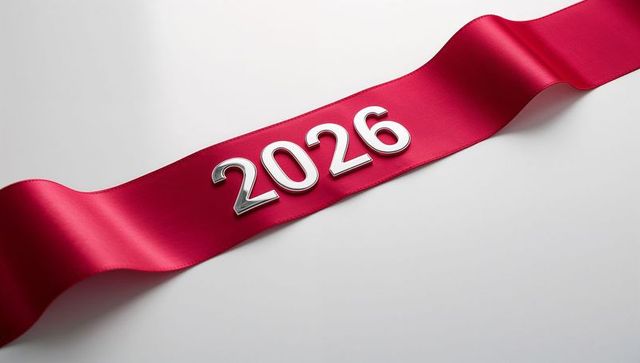 Elegant red satin ribbon with silver 2026 numerals on light-gray backdrop for New Year