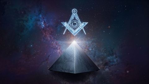 Futuristic pyramid with glowing masonic symbol in celestial space