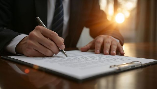 Executive signing business contract at desk with pen and clipboard backlit sunlight