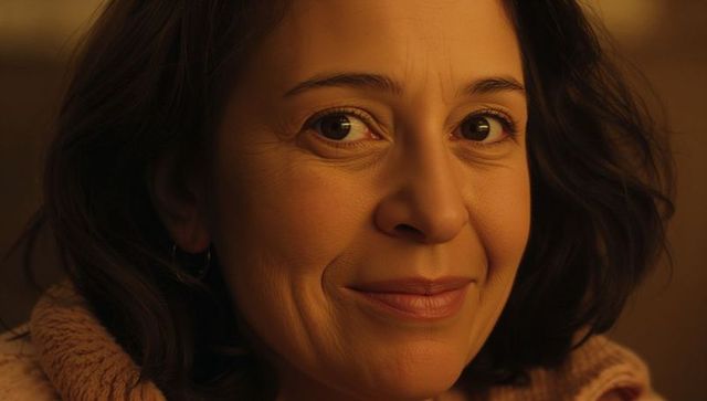 Smiling middle-aged woman bathed in warm amber light wearing cozy knit scarf, close-up