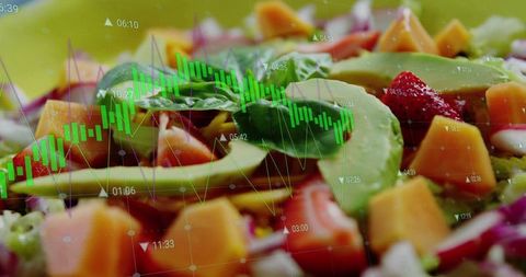 Mixed fruit salad with stock market candlestick chart