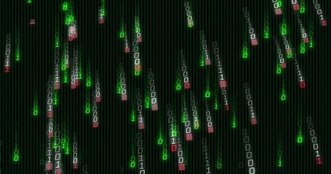 Cascading Neon Binary Streams Flowing Down Dark Screen With Glowing Green and Red Digits