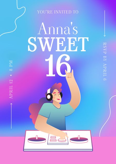 Ideal for creating engaging and colorful sweet 16 birthday party invitations. Suitable for designs that target teenage party celebrations, modern-day festivities, and joyful events with music themes. Can be used as a template for both online and print invitations to draw interest and excitement.