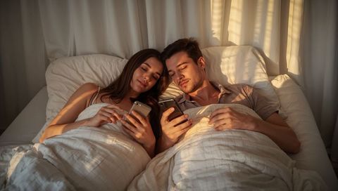 Couple Using Smartphones Together in Cozy Bedroom Setting