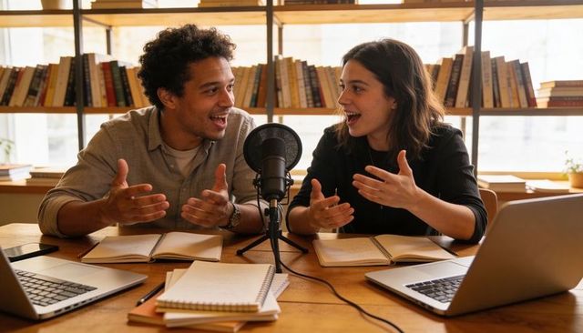 Two Co-hosts Recording Conversational Podcast with Microphone, Laptops, Notebooks, Bookshelf
