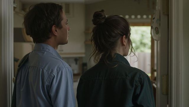 Young couple standing in kitchen doorway looking toward backyard fence