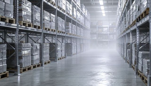 Warehouse pallet racking aisle leading to vanishing point, industrial logistics perspective