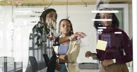 Diverse female team brainstorming on glass board in modern office collaboration session