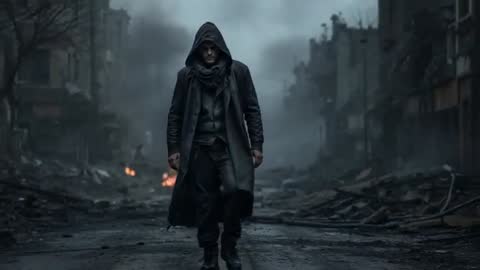 Hooded Survivor Walking Through Post-Apocalyptic Ruins