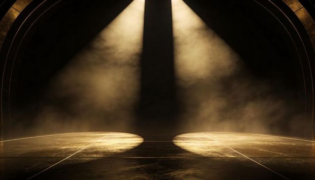 Cinematic arched stage with twin golden spotlights, smoky atmosphere, reflective floor