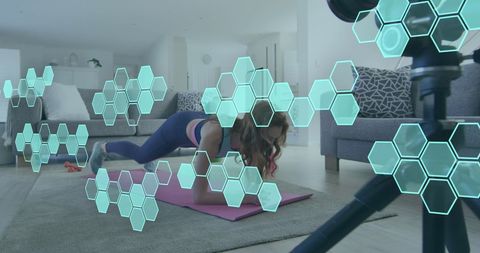 Caucasian Woman Vlogging Home Fitness with Digital Interface Elements