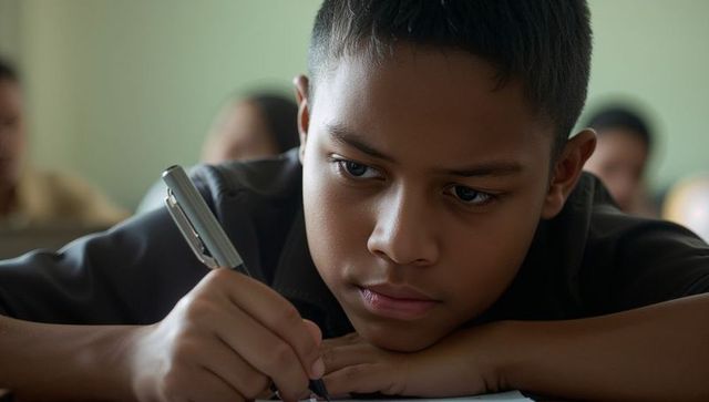 Focused schoolboy writing at desk closeup, concentrating on homework with pen
