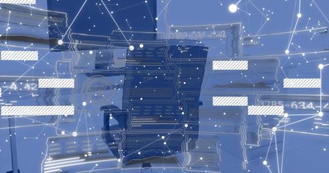 Data stack visualizing network dashboard with floating nodes and futuristic blue interface