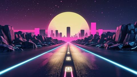 Futuristic neon highway to cyberpunk cityscape at sunset
