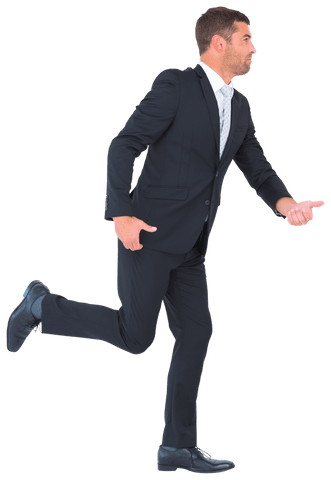 executive in a dark suit appearing in dynamic walking pose with hands out. perfect for design usage in business presentations, promotional materials, or illustrations where integration into different environments is needed due to transparent background.