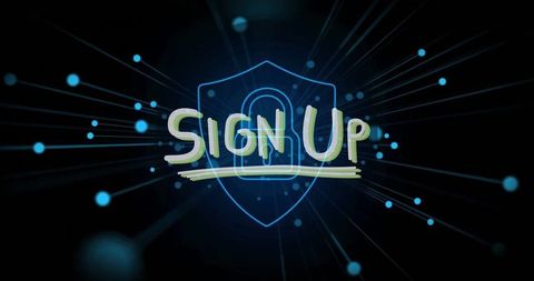 Neon Green Sign Up with Padlock Icon on Digital Network Background