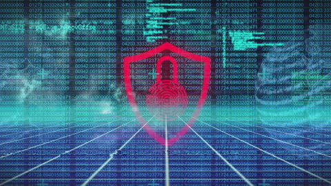 Digital Security Shield with Padlock and Data Streams