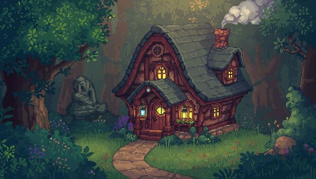 Glowing cozy pixel cottage in enchanted forest twilight with lantern and stone path
