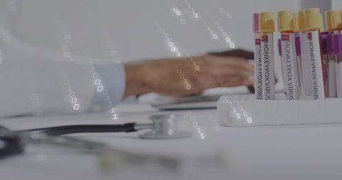 Monkeypox test tubes on clinical lab desk with stethoscope and digital data overlay minimalist