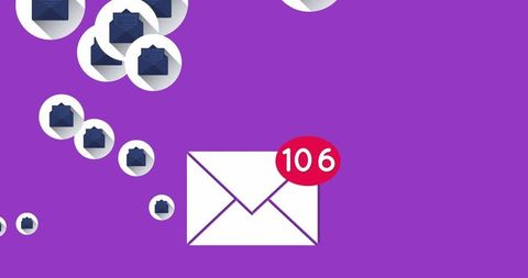 Social media envelopes on purple background with notification icons