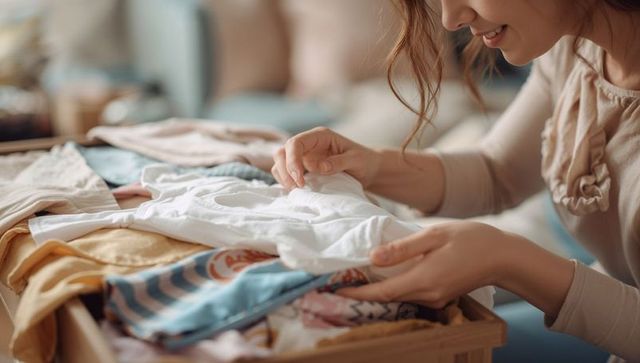 Woman sorting baby clothes in wooden crate smiling while inspecting white onesie