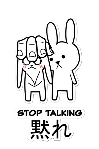 Transparent rabbit duo illustration with stop talking text