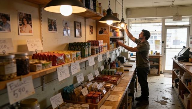 Independent grocer restocking wooden shelves under warm pendant lights in small urban store