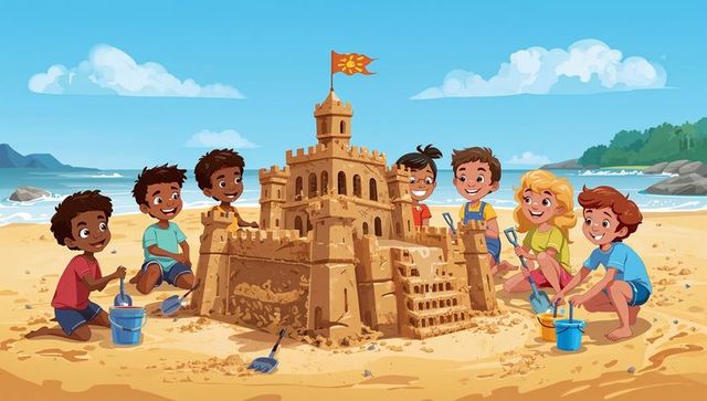 Kids collaborating on epic sandcastle on sunny beach with buckets, shovels, flag, teamwork