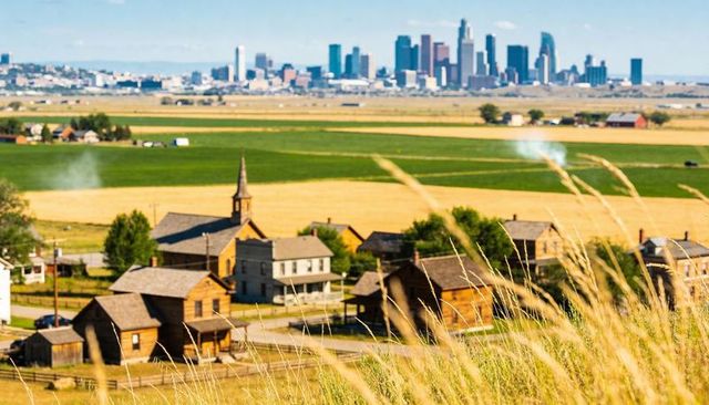 Wooden prairie village sitting among golden crop fields with church steeple and distant city skyline
