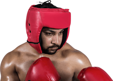 Transparent muscular male boxer with gloves preparing to fight