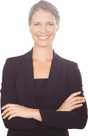 Transparent Businesswoman Confidently Smiling with Arms Crossed