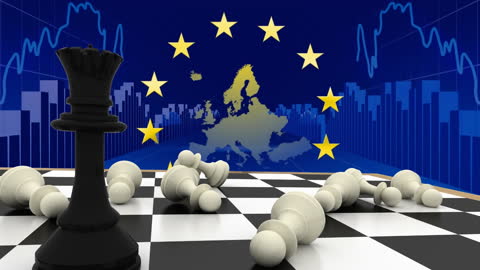 Strategical Chess Pieces on Chessboard with EU Flag and Graph