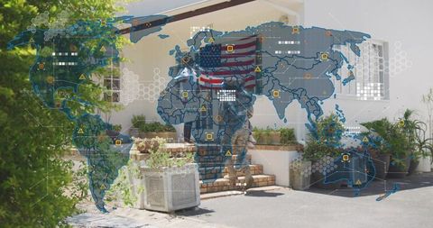 Military parent carrying american flag on porch with global map overlay and family support